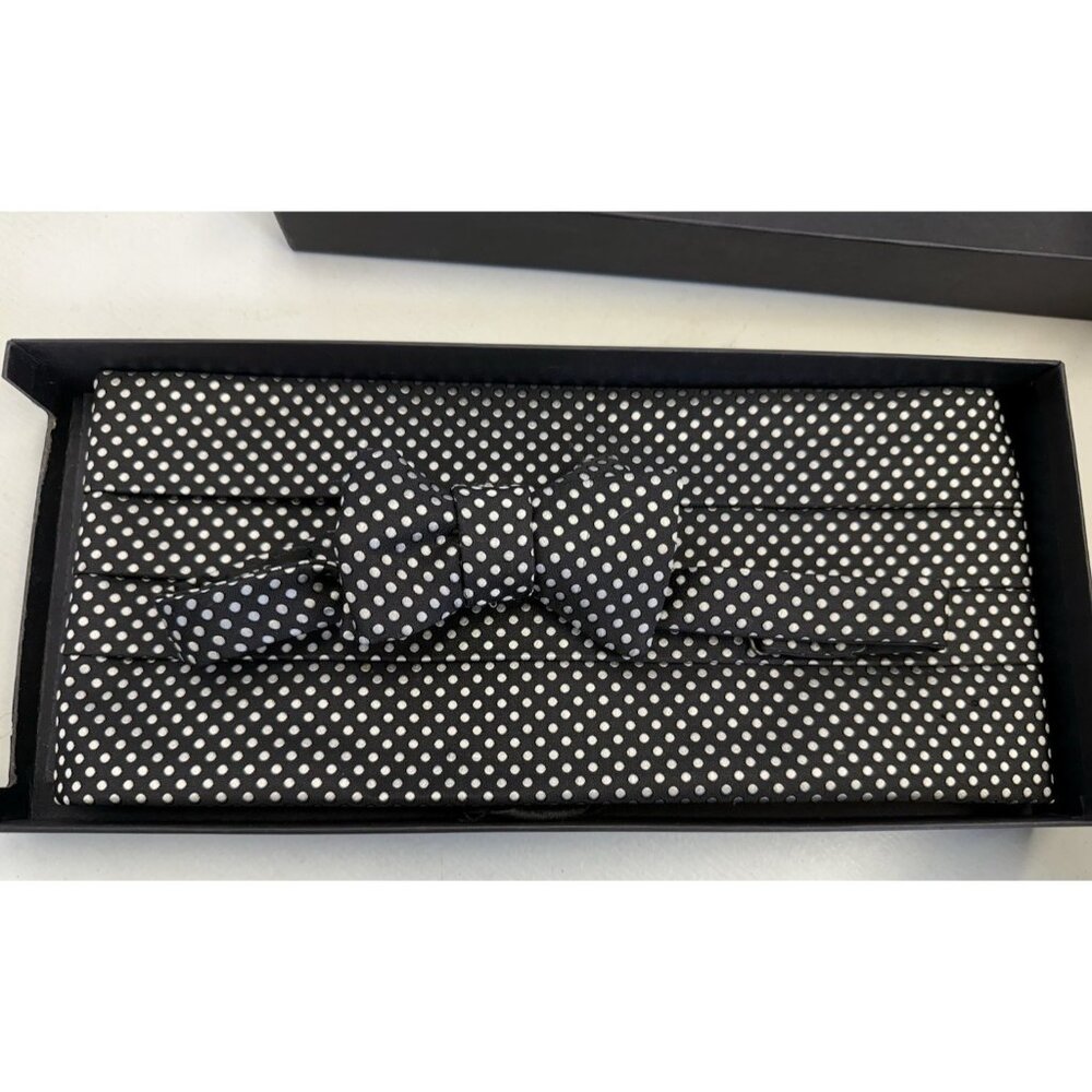 David Donahue 100% Silk Bow Tie Cummerbund Formal Black Adjustable Polka Dot